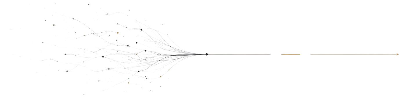 Fine charcoal lines and scattered points converging into a single muted gold arrow: complexity becoming a clear direction.